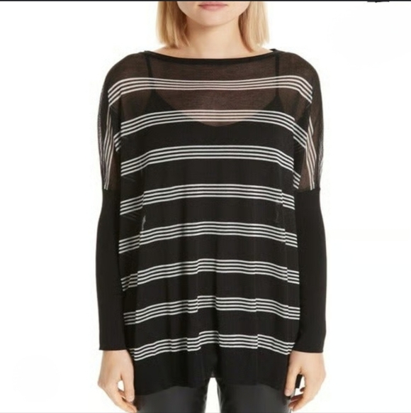 Lafayette 148 New York Sweaters - Lafayette 148 NY Slouch Black White Striped Oversized Sweater Luxury XS Sheer